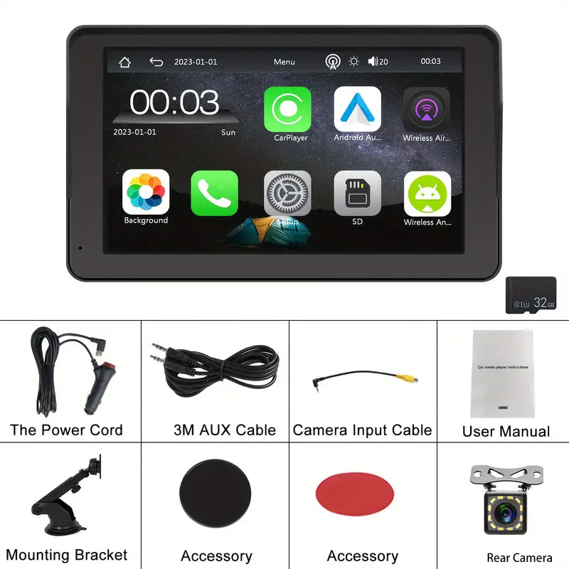 7-Inch IPS Touchscreen Portable Car Radio - Wireless Carplayer, Android Auto, FM, Mirror Link, Airplay, Voice Assistant, Backup Camera, SD Slot